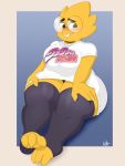  alphys anthro big_breasts blush bodily_fluids breasts buckteeth claws clothing curvy_figure eyewear female glasses hand_on_thigh hi_res huge_thighs jojo&#039;s_bizarre_adventure legwear logo long_shirt nervous non-mammal_breasts panties reptile scales scalie shirt short_stack socks solo sweat sweatdrop teeth thick_thighs thigh_highs toeless_socks topwear undertale underwear video_games voluptuous wide_hips wit_1 yellow_body yellow_scales 