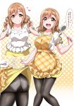  1girl :d apron ass bangs black_legwear blush breasts collarbone eyebrows_visible_through_hair floral_print frill_trim gusset heart highres kunikida_hanamaru large_breasts light_brown_hair long_hair love_live! love_live!_sunshine!! miniskirt multiple_views nail_polish open_mouth panties panties_under_pantyhose pantyhose playing_with_hair shirt short_sleeves skirt skirt_lift smile speech_bubble spoon thick_thighs thighband_pantyhose thighs translated underwear upper_teeth white_panties white_shirt yellow_eyes yellow_skirt yopparai_oni 