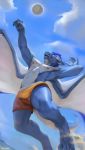  2019 altrue anthro ball blue_body blue_scales bottomwear chunie clothed clothing detailed_background digital_media_(artwork) dragon hi_res jumping looking_up male membrane_(anatomy) membranous_wings nipples scales scalie shorts sky smile solo topless western_dragon white_body white_scales wings 