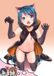  3girls :&lt; :o absurdres animal_ears areola_slip areolae ass_visible_through_thighs bangs bell black_cape black_choker black_gloves black_legwear black_panties blue_eyes blue_footwear blue_hair blush breasts brown_hair cape cat_ears cat_girl cat_tail chibi chibi_inset choker claw_pose claws commentary_request copyright_request cross elbow_gloves fang glasses gloves gradient gradient_background high_heels highres holding holding_sign jakelian jingle_bell kneeling looking_at_viewer mole mole_under_eye multiple_girls navel opaque_glasses open_mouth panties pink_background red_ribbon ribbon short_hair sign skin_fang small_breasts solo_focus stomach swept_bangs tail thighhighs thought_bubble underboob underwear 