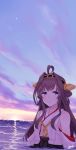  1girl absurdres ahoge alakoala brown_hair cloud commentary_request dawn detached_sleeves double_bun gradient_sky grey_sky hairband headgear highres kantai_collection kongou_(kantai_collection) long_hair looking_at_viewer ocean partially_submerged ribbon-trimmed_sleeves ribbon_trim scenery sky smile solo star_(sky) water waves 