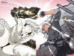  2girls bangs battle black_gloves black_panties braid breasts cape clenched_teeth closed_mouth dark_skin dated duel from_below gauntlets gegeron glasses gloves glowing glowing_eyes headgear headphones highres kantai_collection large_breasts long_hair multiple_girls musashi_(kantai_collection) pale_skin panties partly_fingerless_gloves power_fist punching remodel_(kantai_collection) rigging shinkaisei-kan single_braid supply_depot_hime teeth thighhighs twitter_username underwear white_hair white_legwear white_skin 
