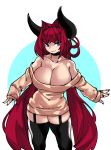  absurdres bare_shoulders black_legwear blue_eyes borrowed_character breasts choker cleavage collarbone dress hair_intakes highres horns large_breasts long_hair low_twintails original red_hair skindentation smile sweater sweater_dress thighhighs twintails zana 