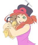  ambiguous_gender avian beak bird brown_body brown_feathers caroline_(pok&eacute;mon_clover) clothing feathers female green_eyes hair hat headgear headwear hug human keksandra mammal one_eye_closed pok&eacute;mon_clover red_hair smile unknown_artist wink 