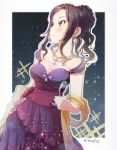  1girl breasts brown_hair cleavage collarbone cowboy_shot cup dress earrings evening_gown green_eyes highres holding holding_cup idolmaster idolmaster_cinderella_girls jewelry layered_dress long_hair medium_breasts mukai_takumi necklace purple_dress sash shangziyxy shiny shiny_hair shiny_skin sleeveless sleeveless_dress solo sparkle standing tied_hair transparent twitter_username white_background 