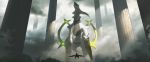  absurdres arceus asteroid_ill blurry cloud feathers flygon gen_3_pokemon gen_4_pokemon highres legendary_pokemon light light_rays looking_down no_humans pillar pokemon pokemon_(creature) pokemon_trainer red_eyes shaded_face shadow size_difference sunbeam sunlight wings 