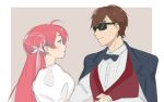  1boy 1girl artist_request brown_hair closed_mouth dress earrings formal jewelry long_hair minamoto_sakura smile suit sunglasses tatsumi_koutarou zombie_land_saga 