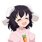  1girl :d ^_^ animal_ears black_hair bunny_ears carrot_necklace cato_(monocatienus) closed_eyes commentary_request floppy_ears happy inaba_tewi open_mouth puffy_sleeves short_hair simple_background smile solo touhou underwear white_background 
