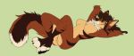  2018 4_toes anthro breasts brown_body brown_fur canid canine canis digital_media_(artwork) featureless_breasts female fur lying mammal nude on_back senimasan smile solo toes wolf yellow_eyes 