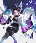  1girl animal_print bangs belt black_hair black_pants blue_eyes breasts bug butterfly butterfly_hair_ornament butterfly_on_finger butterfly_print coat forehead gradient_hair hair_ornament haori highres insect japanese_clothes katana kimetsu_no_yaiba kochou_shinobu lips long_sleeves looking_at_viewer medium_breasts michi_(iawei) multicolored_hair open_mouth pants parted_bangs patterned_background purple_hair scabbard sheath sheathed short_hair solo sword two-tone_hair uniform weapon wide_sleeves 