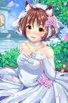  1girl :d absurdres animal_ear_fluff animal_ears azuki_(sayori) bare_shoulders bell blush breasts bridal_veil bride brown_eyes brown_hair cat_ears cat_girl cat_tail choker cleavage collarbone commentary commission day dress elbow_gloves english_commentary eyebrows_visible_through_hair flower gloves hair_flower hair_ornament hand_on_own_chest happy highres jewelry leaf looking_at_viewer medium_breasts nekopara open_mouth outdoors petals plant ring short_hair smile solo strapless strapless_dress striped_tail tail two_side_up veil wedding wedding_dress wedding_ring white_choker white_dress white_gloves xereane 