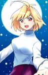  1girl ahoge arcueid_brunestud black_legwear blonde_hair blush breasts dress hair_intakes highres large_breasts long_skirt long_sleeves lyn_(shunao) melty_blood moon open_mouth purple_skirt red_eyes short_hair skirt sky smile solo sweater tsukihime turtleneck type-moon vampire 