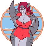  big_breasts breasts candy_kaiju clothing cosplay curvy_figure dress female fish grey_body grey_skin hair marine ponytail red_hair shark smile thick_thighs voluptuous 