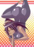  1girl ass bleach breasts brown_eyes dark_skin dotted_background haikawa_hemlen large_breasts lying ponytail purple_hair shihouin_yoruichi tan 