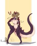  ! 2019 anthro blonde_hair breasts building destruction embarrassed featureless_breasts female hair hi_res long_tail macro navel nude open_mouth pussy red_eyes scalie solo spikes standing tf-witch transformation tree 