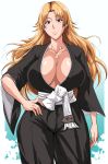  1girl black_clothes bleach blue_eyes breasts cleavage japanese_clothes jewelry kimura_naoki large_breasts long_hair matsumoto_rangiku no_bra orange_hair shiny shiny_skin standing 