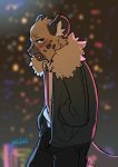  2019 aggressive_retsuko anthro black_nose blurred_background blush bottomwear brown_body brown_fur clothed clothing fangs fur haida half-closed_eyes hands_in_pocket hi_res hkl9917462 hyaenid jacket looking_aside male mammal necktie open_mouth pants portrait sanrio shirt signature solo spotted_hyena standing three-quarter_portrait topwear 