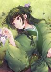  1girl chinese_clothes flat_chest flower freckles grass green_hair green_theme hair_ribbon half_updo hand_on_own_stomach kusuriya_no_hitorigoto long_hair long_sleeves looking_to_the_side low-tied_long_hair lying maomao_(kusuriya_no_hitorigoto) marble multi-tied_hair nature on_back on_ground purple_eyes reaching ribbon solo upper_body wide_sleeves yue_(pixiv2547) 