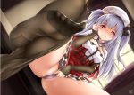  1girl aiguillette ajax_(azur_lane) akatsuki_akane azur_lane bangs beret black_legwear blush bow breasts capelet commentary_request detached_sleeves dutch_angle eyebrows_visible_through_hair hand_on_own_cheek hat head_tilt high-waist_skirt implied_sex indoors knee_up long_hair looking_at_viewer no_shoes panties panties_aside panty_tug pantyhose pantyhose_around_one_leg parted_lips pubic_hair purple_hair purple_panties red_eyes red_skirt retrofit_(azur_lane) skirt small_breasts smile solo spread_legs sweat thighs two_side_up underwear white_headwear window 