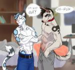  2019 abs anthro biceps black_hair black_nose blue_body blue_fur bull_terrier canid canine canis clothed clothing collar colored_sketch digital_media_(artwork) domestic_dog felid fur hair hi_res hunting_dog icecreamdraws male mammal muscular nipples pantherine partially_clothed pecs red_collar smile snow_leopard stated_heterosexuality terrier text topless white_body white_fur 