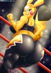  2019 5_toes anthro anthrofied big_breasts big_butt breasts butt camel_toe cleft_tail clothed clothing cosplay_pikachu_(costume) costume female fur hi_res looking_back nintendo one_eye_closed open_mouth pikachu pikachu_libre pok&eacute;mon pok&eacute;mon_(species) pok&eacute;morph signature solo toes video_games viejillox yellow_body yellow_fur yoga_pants 