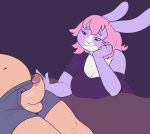 2019 2d_animation 5_fingers animated anthro arm_support balls big_breasts breasts cleavage clothed clothing digital_drawing_(artwork) digital_media_(artwork) dora_(softsorbet) duo erection faceless_male female female_focus fingers frame_by_frame fur hair half-closed_eyes hand_on_penis hi_res human human_on_anthro interspecies lagomorph leporid looking_at_penis male male/female mammal penis pink_body pink_fur pink_hair purple_background purple_body purple_clothing purple_fur rabbit simple_background smile softsorbet solo_focus touching_penis 