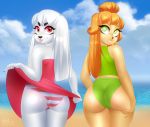  2019 anthro beach black_nose butt clothed clothing danika_(dannyckoo) dannyckoo day dress duo female green_eyes hair hand_on_butt mammal marine ohiko_(dannyckoo) outside pinniped rear_view red_eyes sand seal seaside smile swimwear tongue tongue_out tresertf water white_hair 