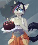  2018 anthro big_breasts black_hair blue_eyes blue_highlights breasts cake chell chikachi clothing cosplay dannyckoo domestic_cat felid feline felis female food grey_body hair highlights_(coloring) looking_at_viewer mammal pink_nose plate portal_(series) red_highlights shirt smile solo tank_top tongue tongue_out topwear valve video_games 