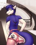  bulge canid canine canis clothed clothing collar crossdressing ear_piercing garter_straps girly hands_on_hips hi_res lace legwear lingerie lockworkorange looking_at_viewer looking_back male mammal panties piercing rear_view smile solo stefan_sledwolf thigh_highs underwear wolf yellow_eyes 
