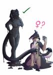  2019 absurd_res anthro biobasher black_nose black_sclera blue_eyes breasts canid canine canis checkmark domestic_dog duo featureless_breasts featureless_crotch felid feline female goo_creature goo_transformation hi_res kneeling mammal navel nude open_mouth smile snout standing surprise thick_thighs transformation yellow_eyes 