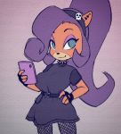  2019 accessory activision anthro bandicoot belt big_breasts black_clothing black_dress black_gloves black_nose black_shirt black_topwear blue_eyes breasts cellphone choker clothed clothing coco_bandicoot crash_bandicoot_(series) dark_hair digital_media_(artwork) dress ear_piercing ear_ring eyebrows eyelashes eyeshadow female fingerless_gloves fishnet fishnet_legwear fur gloves hair hair_accessory hairband handwear hi_res holding_object holding_phone jewelry legwear long_hair makeup mammal marsupial necklace nitro phone piercing ponytail shirt simple_background smile solo tan_body tan_fur topwear video_games 