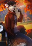  5_fingers anthro black_nose brown_hair canid canine digital_media_(artwork) eyebrows eyelashes fingers hair kammi-lu male mammal open_mouth smoking solo teeth tongue 