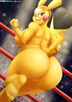  2019 anthro anthrofied big_breasts big_butt breasts butt cleft_tail clothing cosplay_pikachu_(costume) costume female fur hi_res looking_back nintendo nipples nude one_eye_closed open_mouth pikachu pikachu_libre pok&eacute;mon pok&eacute;mon_(species) pok&eacute;morph pussy signature slightly_chubby solo video_games viejillox yellow_body yellow_fur 