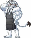  anthro apron apron_only areola blush clothing digital_media_(artwork) felid fur hair league_of_legends lion male mammal mayar mostly_nude muscular muscular_male nipples pantherine pecs rengar_(lol) riot_games simple_background smile solo video_games white_background white_body white_hair 