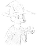  2019 amphibian anthro arctic_fox black_and_white black_nose canid canine clothed clothing costume duo feral fox frog halloween hat headgear headwear holidays mammal monochrome simple_background sketch skye_(zootopia) smile tggeko white_background witch_hat 
