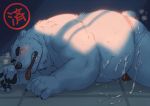  2015 anthro belly blush bodily_fluids bulge butt clothing cum cum_on_butt cum_on_stomach fur genital_fluids humanoid_hands jockstrap male mammal mixvariety moobs overweight overweight_male polar_bear solo text tongue tongue_out underwear ursid ursine white_body white_clothing white_fur white_underwear 