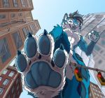  2018 4_fingers 4_toes absurd_res aerykitty anthro black_hair black_lips blue_body blue_claws blue_eyes blue_fur blue_pawpads building city claws domestic_cat felid feline felis fingers foot_focus fur hair hi_res lips low-angle_view macro mammal nude open_mouth open_smile outside pawpads paws satellite_dish size_difference smile soles solo tirrel toe_claws toes traffic_light whiskers white_body white_fur worm&#039;s-eye_view 