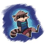  2019 abstract_background ambiguous_gender anthro barefoot biped blue_background boxer_briefs brown_ears cheek_tuft clothed clothing face_tuft facial_markings fuel_(artist) gloves_(marking) half-closed_eyes head_markings head_tuft leg_markings mammal markings mask_(marking) outline procyonid raccoon ringtail shirt simple_background sitting socks_(marking) solo t-shirt topwear tuft underwear white_background 