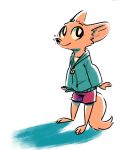  2019 anthro barefoot biped black_nose bottomwear canid canine cheek_tuft clothed clothing disney face_tuft female fox fuel_(artist) full-length_portrait fully_clothed fur head_tuft hoodie jacket looking_up mammal portrait pose shadow shorts simple_background skye_(zootopia) smile solo standing topwear tuft white_background zootopia 