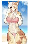  2019 alpha_channel beach canid canine canis clothing domestic_dog female hair hi_res long_hair mammal pink_eyes porin reign_(scfiii) seaside smile solo swimwear 