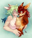  2019 anthro arm_tuft big_breasts blush breast_squish breasts breasts_frottage bust_portrait canid canine cheek_tuft chest_tuft duo elbow_tufts face_tuft female female/female fur green_eyes hair hand_behind_back inner_ear_fluff looking_at_viewer luckypan mammal markings multicolored_hair nipples one_eye_closed portrait red_body red_fur simple_background smile squish tuft white_body wink 