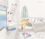  anthro barefoot bedding blanket bottomwear bra canid canine carpet claws clothed clothing crossed_legs cup dipstick_ears disney duo eyes_closed female fox fur furniture grey_body grey_fur hb_runo holding_drink inner_ear_fluff inside judy_hopps mammal multicolored_ears nick_wilde orange_body orange_fur pants pillow purple_eyes red_fox shirt sitting sleeping smile sofa surfboard tank_top toe_claws topwear tuft underwear window zootopia 