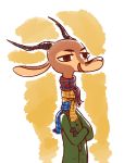  2019 abstract_background ambiguous_gender antelope anthro bovid chico_(fuel) clothed clothing crossed_arms facial_markings fuel_(artist) gazelle half-closed_eyes head_markings horn mammal markings outline scarf simple_background smile solo white_background 