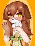  2018 anthro black_nose blush bodily_fluids brown_body brown_fur brown_hair canid canine canis domestic_dog female fur hair hi_res mammal open_mouth solo surprise sweat sweatdrop transformation yellow_eyes 失くし物 