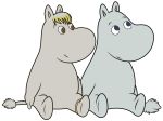  2017 absurd_res alpha_channel ambiguous_gender anthro blonde_hair blue_eyes brown_eyes djdavid98 duo hair hi_res moomin moomintroll simple_background sitting smile snorkmaiden the_moomins transparent_background white_body 