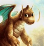  dragonite kenket light lighting looking_at_viewer nintendo outside pok&eacute;mon pok&eacute;mon_(species) sky solo text url video_games wings yellow_body 