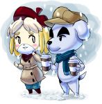  2015 animal_crossing anthro beverage blush canid canine canis clothing coat cup domestic_dog duo female hat headgear headwear isabelle_(animal_crossing) k.k._slider male mammal nintendo scarf snow teevo topwear video_games winter 