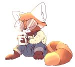  ailurid ambiguous_gender anthro barefoot beverage brown_body brown_fur claws clothed clothing coffee coffee_mug eyes_closed eyewear fully_clothed fur glasses hi_res holding_cup holding_object inner_ear_fluff light lighting mammal multicolored_body multicolored_fur nobby_(artist) orange_body orange_fur overalls red_panda simple_background sitting solo steam toe_claws tuft white_background white_body white_fur 