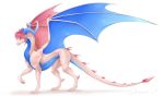  2019 4_toes blue_body blue_eyes blue_membrane blue_scales claws digital_media_(artwork) dragon female feral hi_res horn membrane_(anatomy) membranous_wings pink_body pink_skin scales scalie simple_background solo spines toes western_dragon white_background wings wrappedvi 