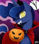  amber_eyes basket blue_hair cape clothing crown equid fangs female food friendship_is_magic fruit full_moon hair halloween holidays horn john_joseco looking_at_viewer mammal moon my_little_pony plant princess_luna_(mlp) pumpkin sharp_teeth slit_pupils solo teeth unicorn 